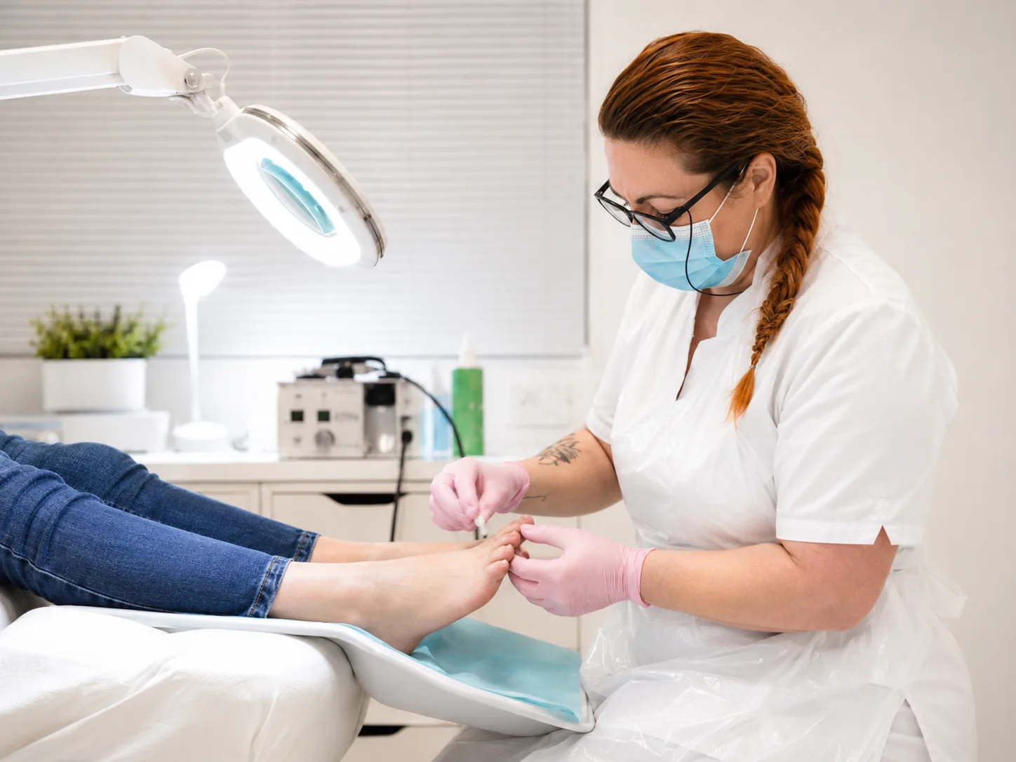 Medisch pedicure behandelt de voet van een cliënt in een professionele behandelruimte.