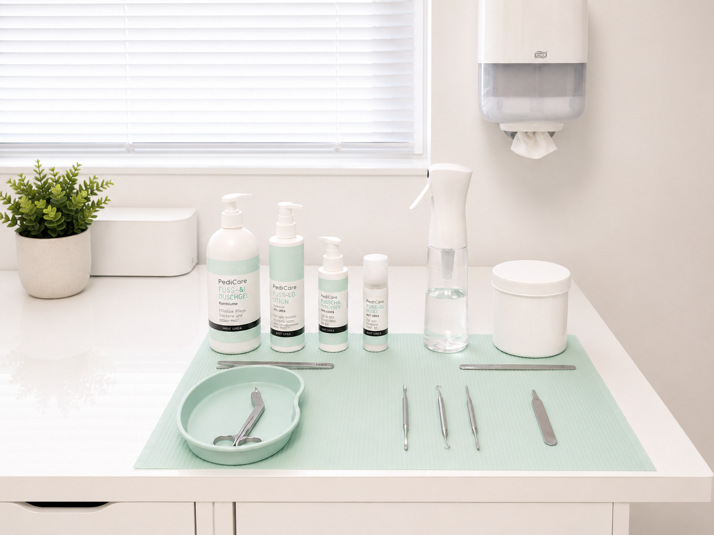 Werkblad met verzorgingsproducten en pedicure-instrumenten klaargelegd in de behandelruimte.