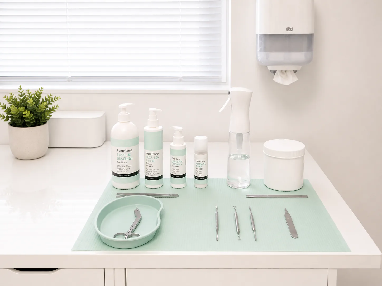 Werkblad met verzorgingsproducten en pedicure-instrumenten klaargelegd in de behandelruimte.